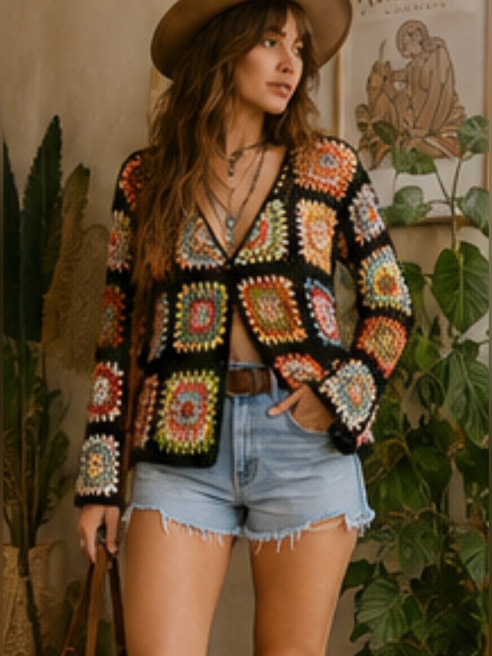 BIBI Crochet Granny Square Cardigan Sweater | Boho Patchwork Festival Cozy Layer